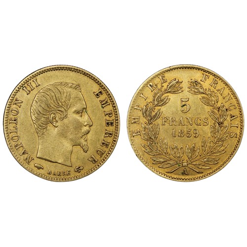 164 - France, 1859 Gold 5 Francs, Napoleon III. A few contact marks, coppery undertones and otherwise gVF ... 