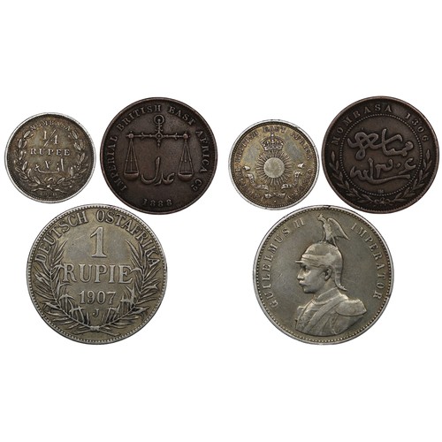 291 - British & German East Africa coins (3) comprising Mombasa 1890 ¼ Rupee, Mombasa 1888 Pice and 19... 