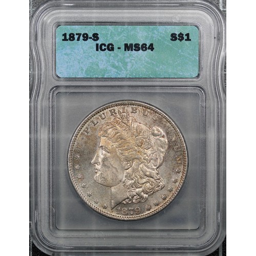 300 - USA, 1879-S Morgan Dollar. San Francisco Mint. Graded ICG MS64, lustrous with attractive reverse ton... 