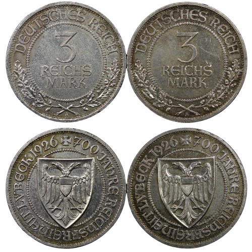 288 - Germany, Weimar Republic 3 Marks 1926A (2), 700 Years of Freedom for Lübeck. Both cleaned with perip... 