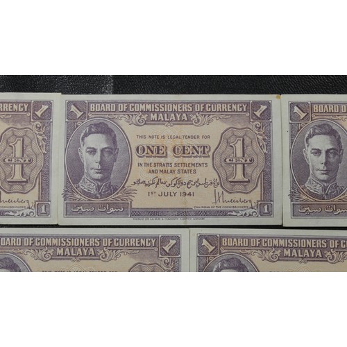 4 - A selection of 10 Malaya 1 cent uniface banknotes, George VI dated 1st July 1941. A couple with cent... 