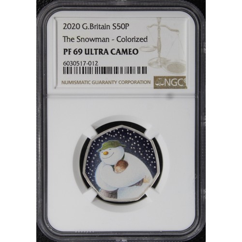 151 - 2020 Silver proof 50p featuring The Snowman. Graded NGC PF69 Ultra Cameo, FDC, with colour finish.