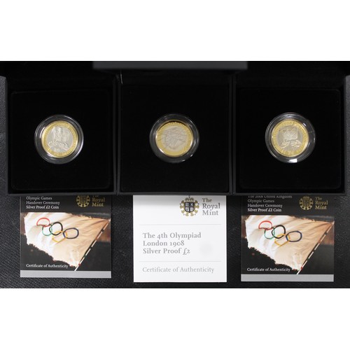 172 - 2008 Silver proof £2 coins (3) comprising 4th Olympiad & Beijing to London handover (2). All ton... 