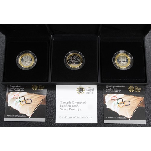 172 - 2008 Silver proof £2 coins (3) comprising 4th Olympiad & Beijing to London handover (2). All ton... 