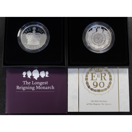 191 - Silver proof £5 coins (4) with Queen Elizabeth II interest comprising 2015 Longest Reigning Monarch ... 