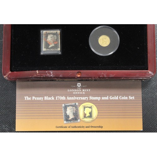 118 - The Penny Black 170th anniversary Stamp and Gold Coin Set. A 1990 Isle of Man 1/25th oz pure gold 