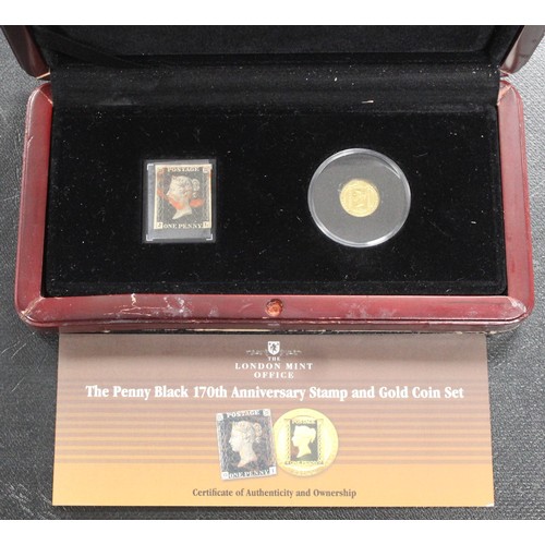 118 - The Penny Black 170th anniversary Stamp and Gold Coin Set. A 1990 Isle of Man 1/25th oz pure gold 