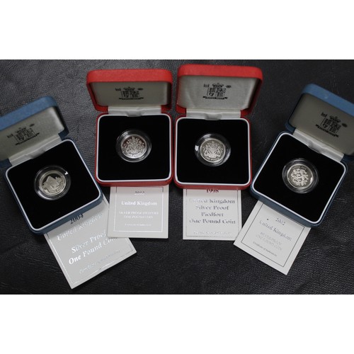161 - Silver proof & silver proof piedfort £1 coins (4) comprising 1998 piedfort, 2002, 2003 piedfort ... 