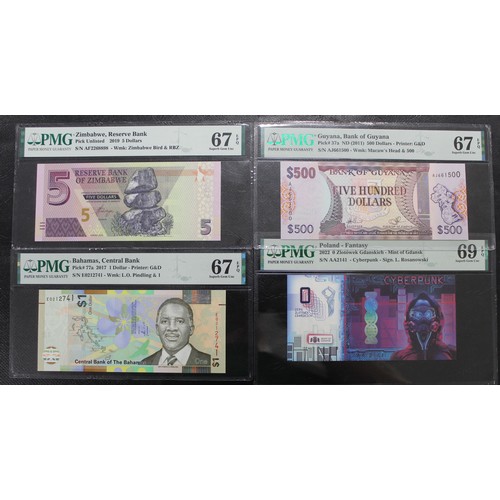 14 - A set of world banknotes certified by PMG including Bahamas 2017 $1 (Superb Gem UNC 67 EPQ), Guyana ... 