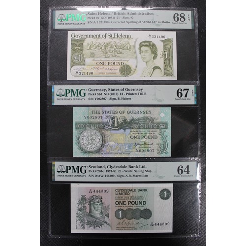 12 - A trio of UK & Territory banknotes certified by PMG including Guernsey 2016 £1 (Superb Gem UNC 6... 