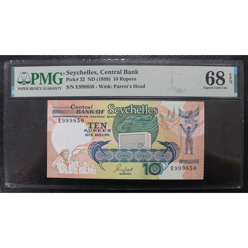 15 - Central bank of Seychelles 1989 10 Rupees.  PMG graded Superb Gem UNC 68 EPQ, TOP POP with just four... 