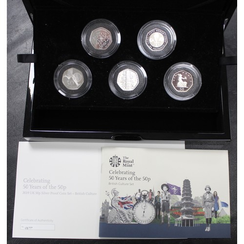 149 - 2019 Silver proof 50 Years of the 50p Culture Set including the Kew Gardens reissue. As issued, in b... 