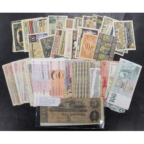 16 - World banknotes (100+) to include 1864 Confederate $5 (SN 46838, centrally split), German notgeld (4... 