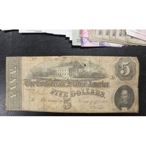 16 - World banknotes (100+) to include 1864 Confederate $5 (SN 46838, centrally split), German notgeld (4... 