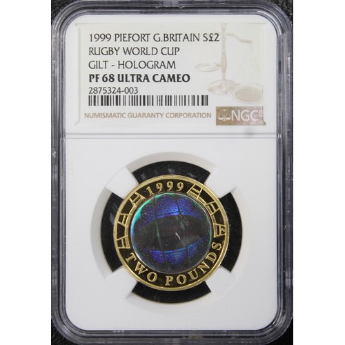 166 - 1999 Silver proof piedfort £2 with holographic finish. Graded NGC PF68 Ultra Cameo. Struck to celebr... 
