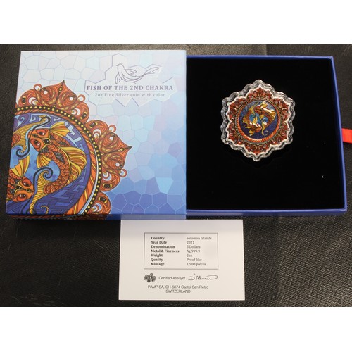 278 - Solomon Islands 2022 $5 2oz Silver proof-like colour issue, the Fish of the 2nd Chakra. Struck by PA... 