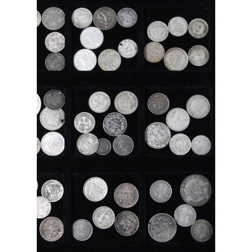 225 - A tray of mixed UK & world silver coins (68) to include some many 19th century issues, mainly of... 