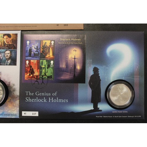 259 - Royal Mail silver coin/medal presentation cases (3) comprising Sherlock Homes medals (2) and a 2020 ... 