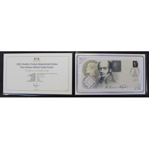 252 - 2021 Silver proof 2oz £5 featuring the Gothic Crown Quartered Arms FDC/PNC with penny black stamp. I... 