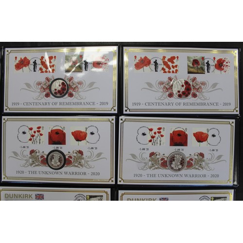 286 - An assortment of silver proof 3-coin sets in FDC/PNC's, all with WWI & WWII interest (4). Compri... 