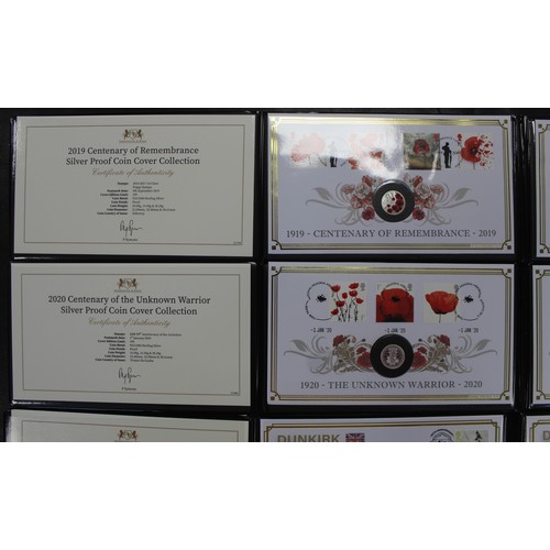 286 - An assortment of silver proof 3-coin sets in FDC/PNC's, all with WWI & WWII interest (4). Compri... 