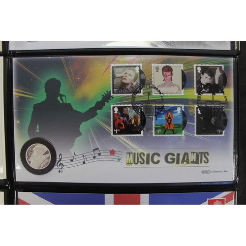 256 - A trio of silver proof Music Legends ½oz silver proof coin covers. Includes 2020 Elton John, 2020 Da... 