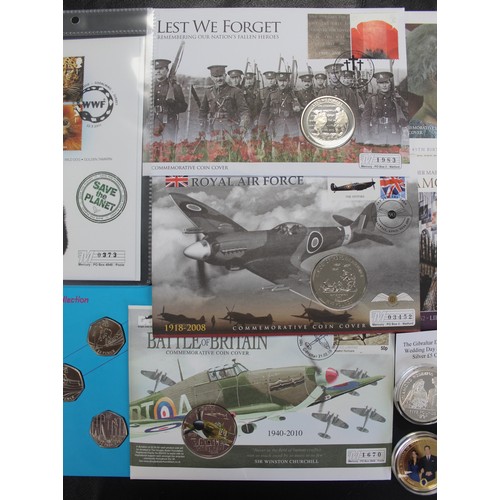 223 - A selection of PNC/FDC's and presentation packs comprising £5 coins and 50p coins to include a BUNC ... 