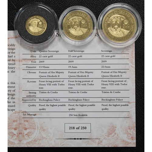 123 - Tristan Da Cunha 2009 Henry VIII Accession set of full, half and quarter proof sovereigns. Reverse d... 