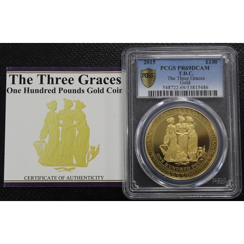 127 - Tristan Da Cunha 2015 gold proof £100. Reverse design featuring the Three Graces. Graded PGCS PR69DC... 