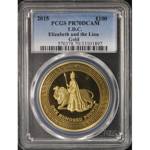 128 - Tristan Da Cunha 2015 gold proof £100. Reverse design depicting Elizabeth and the Lion in the style ... 