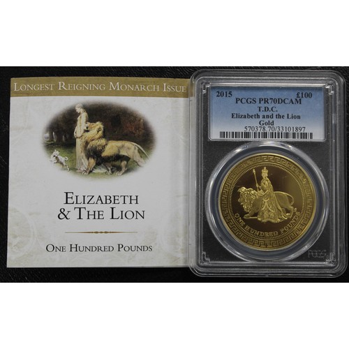 128 - Tristan Da Cunha 2015 gold proof £100. Reverse design depicting Elizabeth and the Lion in the style ... 