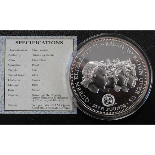 282 - Tristan Da Cunha 2015 silver proof 5oz £5 coin. Struck to celebrate HM The Queen as Longest Reigning... 