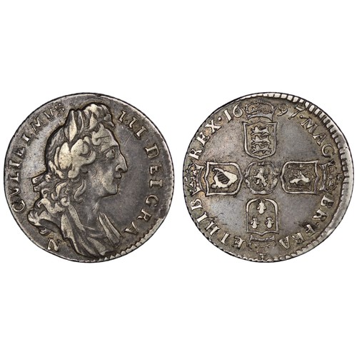 58 - 1697N Sixpence, William III, Norwich Mint. Type A3, N below first bust, unbarred H in HIB. 4 strings... 