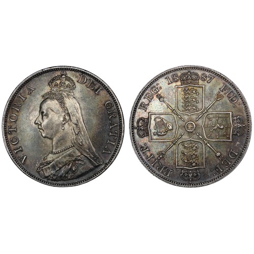 72 - 1887 Double Florin, Victoria. Arabic 1 in date. Deeply toned with plentiful lustre particularly to t... 