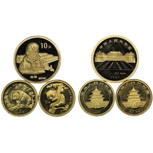 116 - A set of Chinese gold coins (3) comprising 1997 10 Yuan, 1996 5 Yuan panda & 1997 5 Yuan panda. ... 