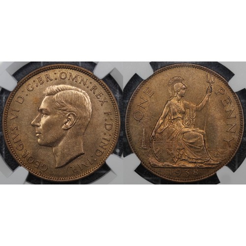 33 - 1938 Penny, George V. Graded NGC MS65RB, uncirculated with slight mixed tone over lustre. Presented ... 