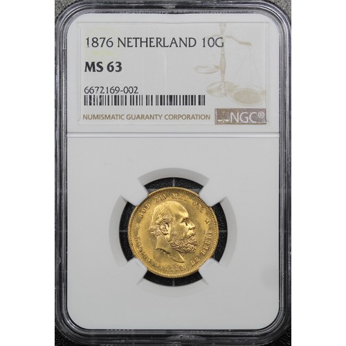 119 - Netherland 1876 10 Gulden, Willem de Derde (Willem III). A superb example graded NGC MS63 with plent... 