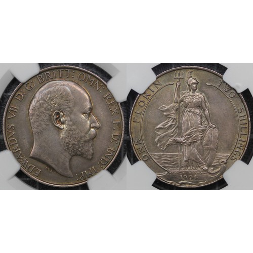 66 - 1904 Florin, Edward VII. Obv. Bare head facing right, Rev. Britannia standing on ship's bow. Present... 