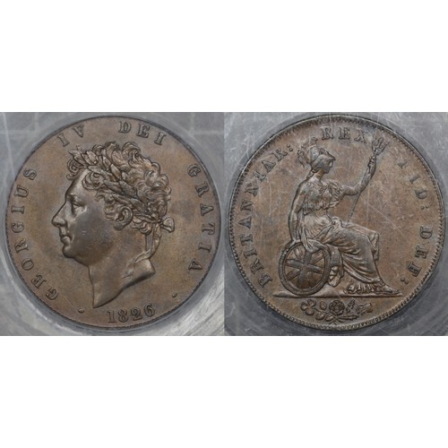 25 - 1826 Half Penny, George IV. Reverse A, two incuse lines on saltire. Graded CGS65, EF, with soft choc... 