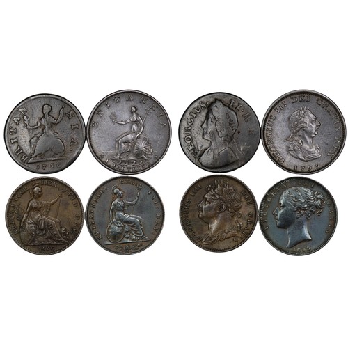 23 - Farthings (4) including 1736, 1799, 1826 laureate bust & 1853. Fine to gVF.