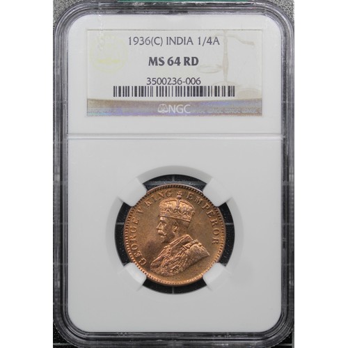 291 - British India 1936 Calcutta Quarter Anna, George V. Graded NGC MS64RD, bright uncirculated.