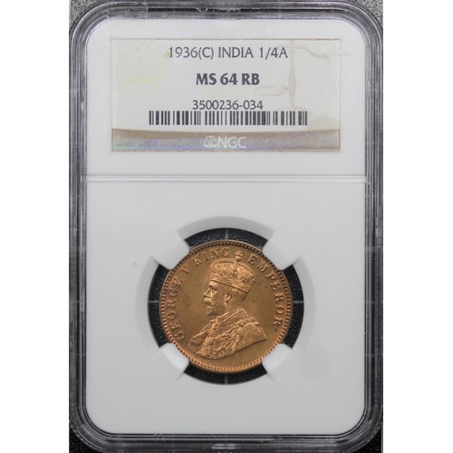 292 - British India 1936 Calcutta Quarter Anna, George V. Graded NGC MS64RD, uncirculated.