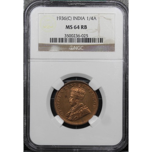 293 - British India 1936 Calcutta Quarter Anna, George V. Graded NGC MS64RD, uncirculated.