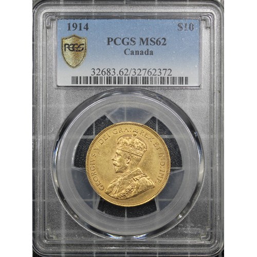 115 - Canada 1914 gold $10, George V. Graded PCGS MS62 with underlying lustre. An attractive example [KM#2... 