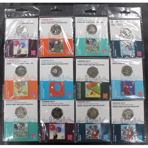 145 - London 2012 Olympic 50p & stamp presentation packs (12). All official items, sealed as issued.