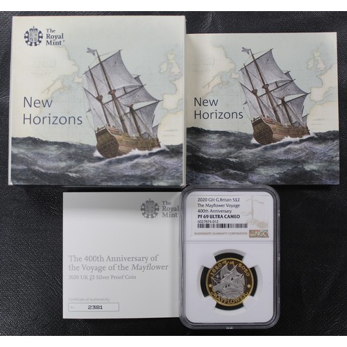 176 - 2020 Silver proof £2 coin commemorating the 400th Anniversary of the Voyage of the Mayflower. Graded... 