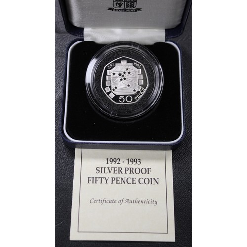 140 - 1992-1993 Dual date silver proof 50p commemorating the UK Presidency of the EEC council. Owned by th... 