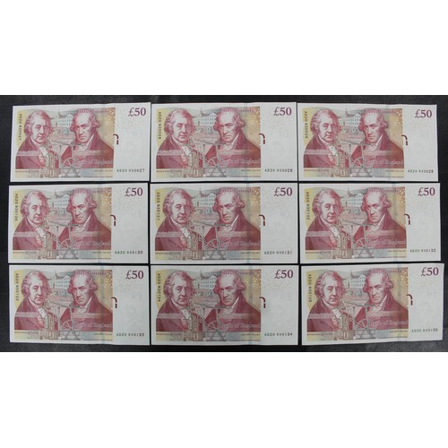 11 - A set of 9 consecutive serial number Boulton & Watt £50 notes (AD20 930027-035). gVF/aEF, some l... 