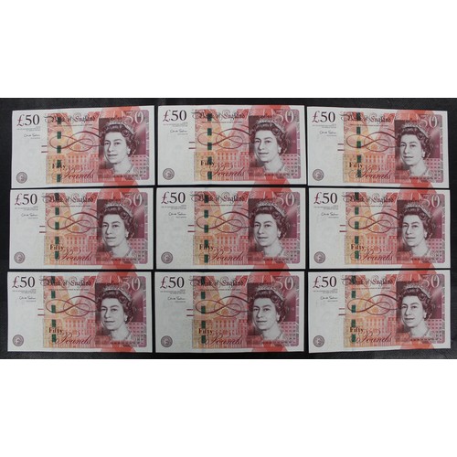11 - A set of 9 consecutive serial number Boulton & Watt £50 notes (AD20 930027-035). gVF/aEF, some l... 
