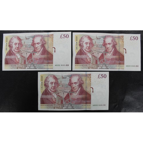 9 - A set of 3 consecutive serial number Boulton & Watt £50 notes (AD20 930189-191). aEF, some... 